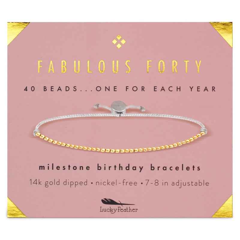 Lucky Feather Gifts for 40 Year Old Woman â€‹â€‹ | Cute 14k Gold Dipped Beads Bracelet | Fabulous Forty Milestone Bracelet | gift ideas, for women 40s | Adjustable 7"- 8" Cord | 40th Birthday Gifts Women - Image 1